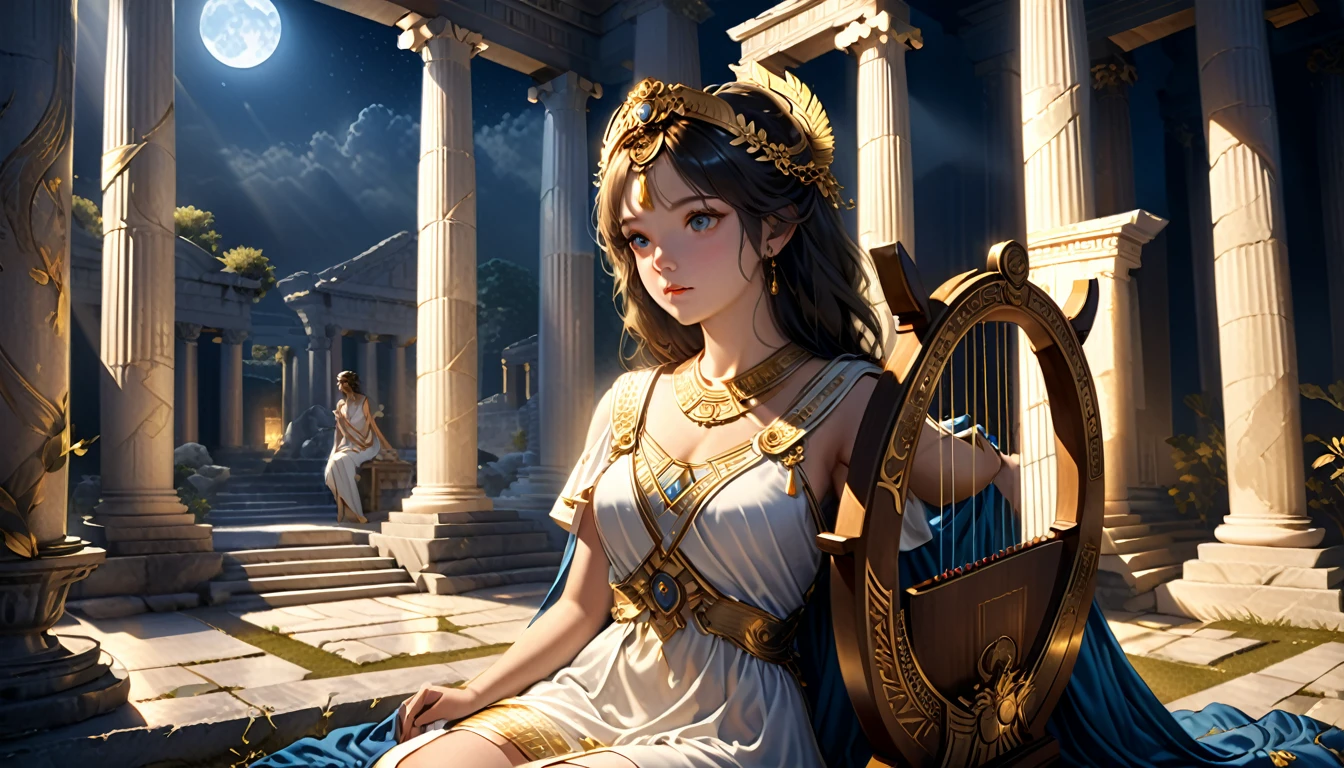 a young priestess, sitting, playing a large lyre, ancient Greek temple, late at night, inside the temple it is (dark:1.3) and there is (no lighting:1.2), the moonlight shines in at an angle, shining a faint light on her., highly detailed, photorealistic, realistic lighting, intricate architecture, ornate decorations, cool color palette, golden accents, soft fabric textures, mesmerizing expression, elegant pose, cinematic composition, natural lighting, realistic shadows, mystical atmosphere, hyperrealistic, award-winning art