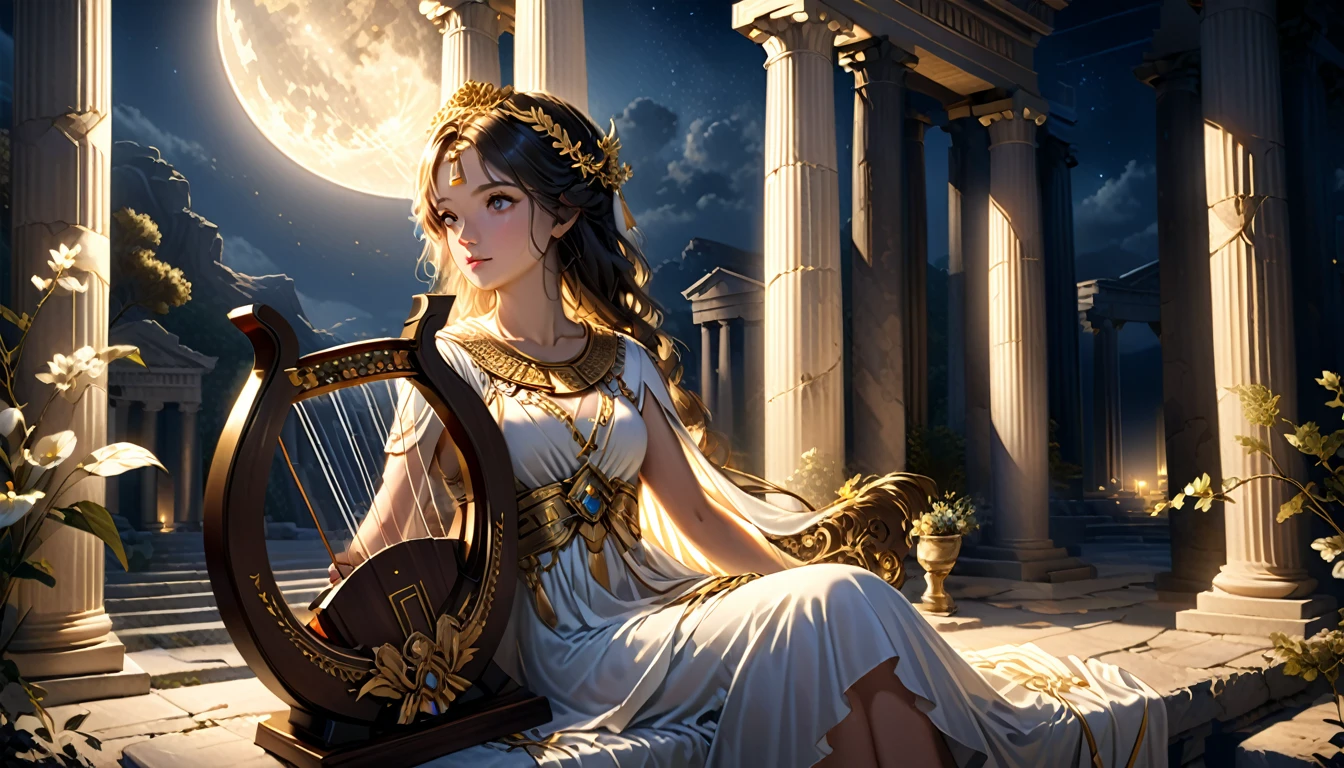 a young priestess, sitting, playing a large lyre, ancient Greek temple, late at night, inside the temple it is (dark:1.3) and there is (no lighting:1.2), the moonlight shines in at an angle, shining a faint light on her., highly detailed, photorealistic, realistic lighting, intricate architecture, ornate decorations, cool color palette, golden accents, soft fabric textures, mesmerizing expression, elegant pose, cinematic composition, natural lighting, realistic shadows, mystical atmosphere, hyperrealistic, award-winning art
