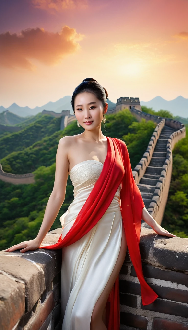 A chinese woman, 35 years old, with full natural slender figure and saggy breasts, black hair hair bun. in a peaceful "great wall" setting, nude full body shot, all natural. pubic hair. clothed only in intricately draped, flowing red silk scarves, evoking a sense of elegance and gracediffernt poses. posing. differnt poses. lying relaxed poses. soft lighting, energetic, (best quality,4k,8k,highres,masterpiece:1.2),ultra-detailed,(realistic,photorealistic,photo-realistic:1.37),HDR,UHD,studio lighting,ultra-fine painting,sharp focus,physically-based rendering,extreme detail description,professional,vivid colors,bokeh,portrait,natural,chiaroscuro. full body shoot.