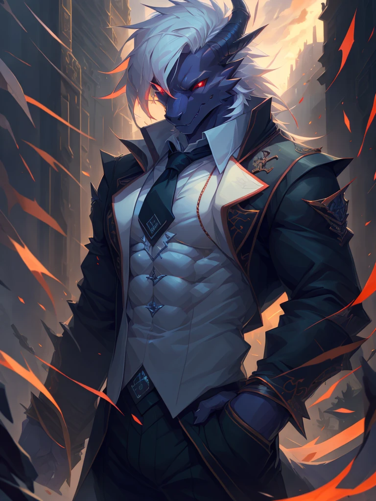 male, furry, Dragon anthro, solo, white fur, Red eyes, (Realistic eye details 1.2), business suit wear, V0id3nergy, abs, Masterpiece, dramatic lighting, soft lighting, day, highly detail, Hair coiled