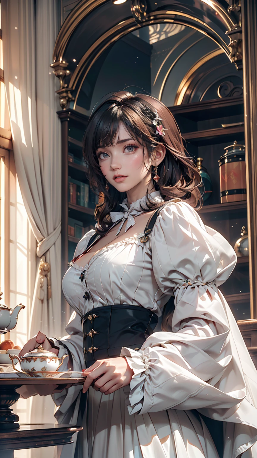 ((最high quality, 8K, masterpiece: 1.3, Ultra HD, high quality, 最high quality, High resolution, realism)) 、Marie Antoinette、Inside the Palace of Versailles in France、Enjoy tea time in a luxurious room