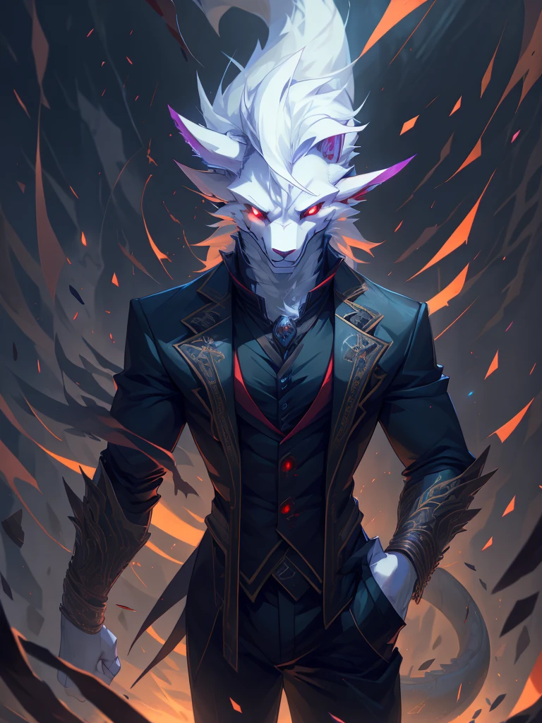 male, furry, Dragon anthro, solo, white fur, Red eyes, (Realistic eye details 1.2), business suit wear, V0id3nergy, abs, Masterpiece, dramatic lighting, soft lighting, day, highly detail, Hair coiled