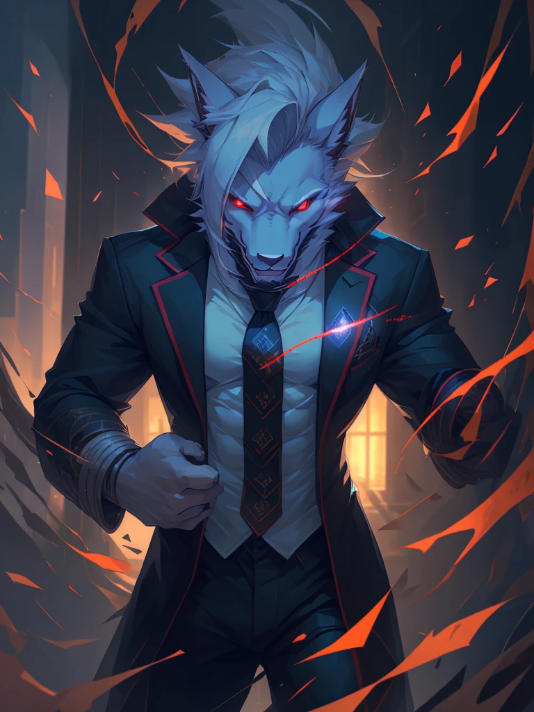 male, furry, Dragon anthro, solo, white fur, Red eyes, (Realistic eye details 1.2), business suit wear, V0id3nergy, abs, Masterpiece, dramatic lighting, soft lighting, day, highly detail, Hair coiled