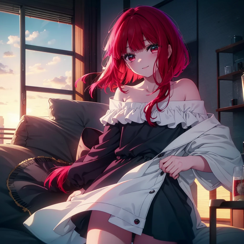 canary, Arima etc., long hair, bangs, (red eyes:1.3), redhead, happy smile, smile, open your mouth,off shoulder, oversized shirt, oversized clothes,black underwear,barefoot,morning,Room with sea view,the sun is rising,Sitting on the sofa with legs crossed,
break indoors, living,
break looking at viewer, (cowboy shot:1.5),
break (masterpiece:1.2), highest quality, High resolution, unity 8k wallpaper, (figure:0.8), (detailed and beautiful eyes:1.6), highly detailed face, perfect lighting, Very detailed CG, (perfect hands, perfect anatomy),