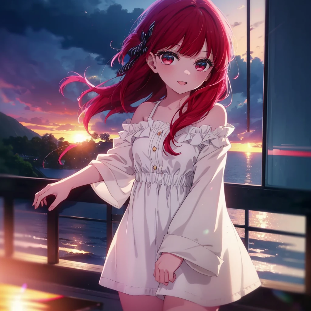 canary, Arima etc., long hair, bangs, (red eyes:1.3), redhead, happy smile, smile, open your mouth,off shoulder, oversized shirt, oversized clothes,black underwear,barefoot,morning,Room with sea view,the sun is rising,Sitting on the sofa with legs crossed,
break indoors, living,
break looking at viewer, (cowboy shot:1.5),
break (masterpiece:1.2), highest quality, High resolution, unity 8k wallpaper, (figure:0.8), (detailed and beautiful eyes:1.6), highly detailed face, perfect lighting, Very detailed CG, (perfect hands, perfect anatomy),