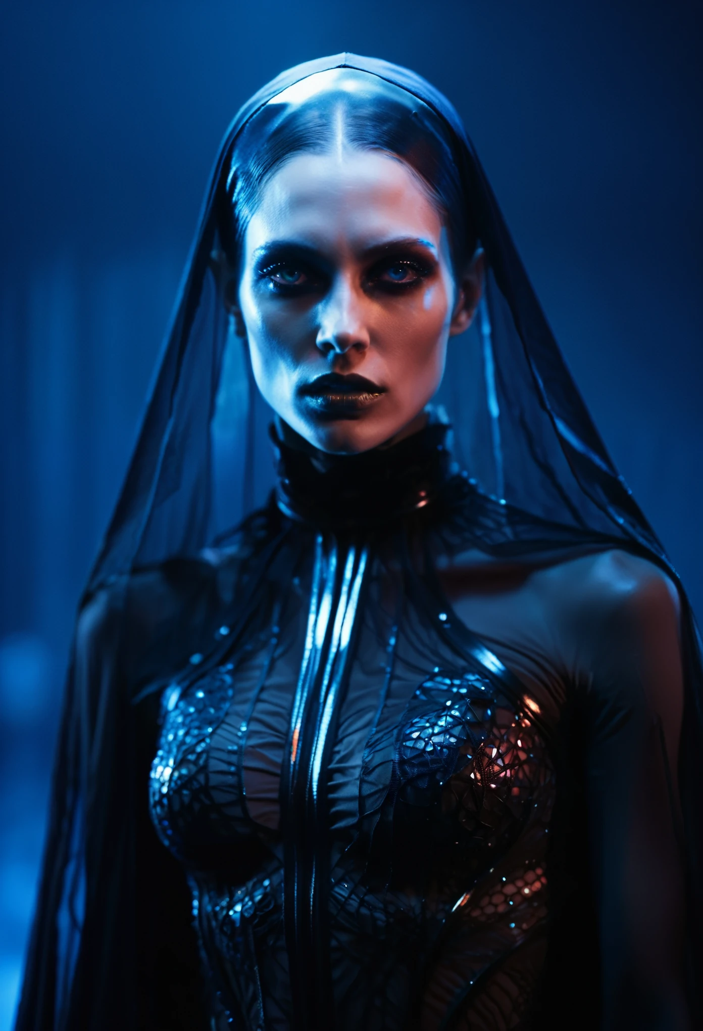 Fashionable of androgynous alien looking witch wearing veil, glowing eyes, beautiful evil slavic muscular woman, pale skin, futuristic design, minimal details, givenchy, photoreal, 200mm, hd, f/ 2.0, highly detailed, surreal , drop dead, in the style of red and blue, (intricate details, hyperdetailed:1.15) (skin texture:1.2), cinematic, professional, 4k, (((dynamic model pose))), sitting, (full body)
