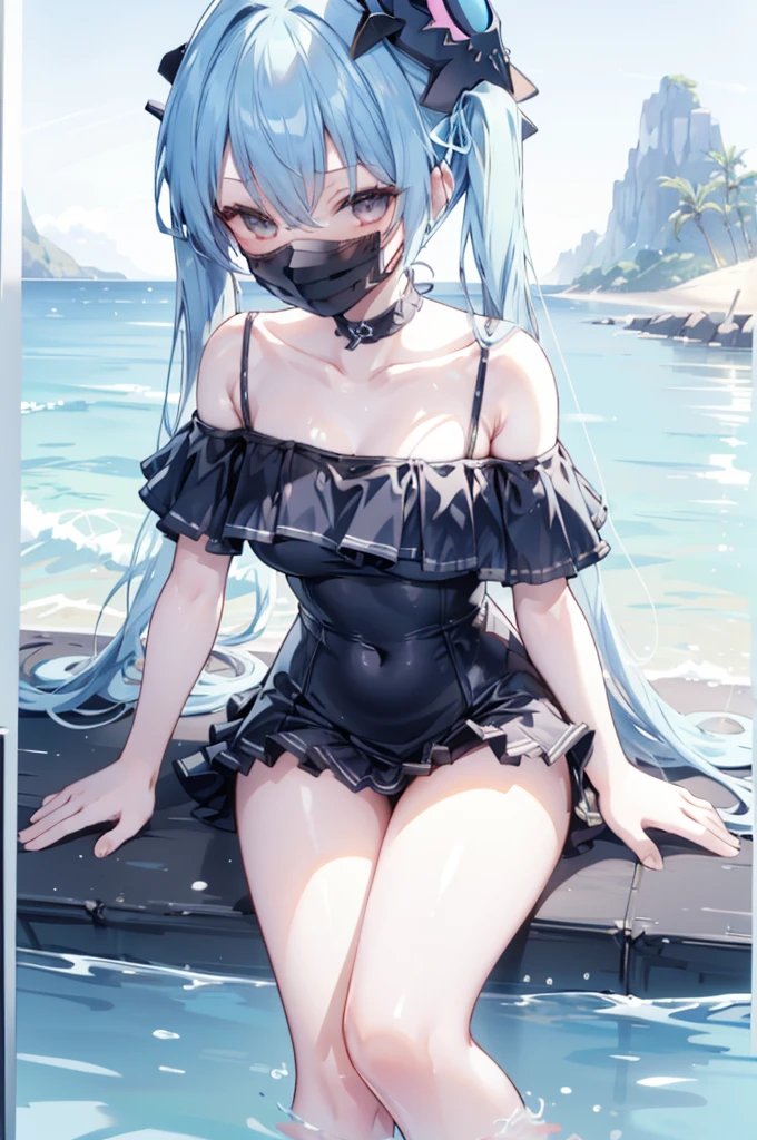 upper body, 1girl, wallpaper, light particles, beach, background, look at viewer, light blue hair, long hair, twintails, white eyes, swim suit, (black mask), Sitting down umdrella with her friend