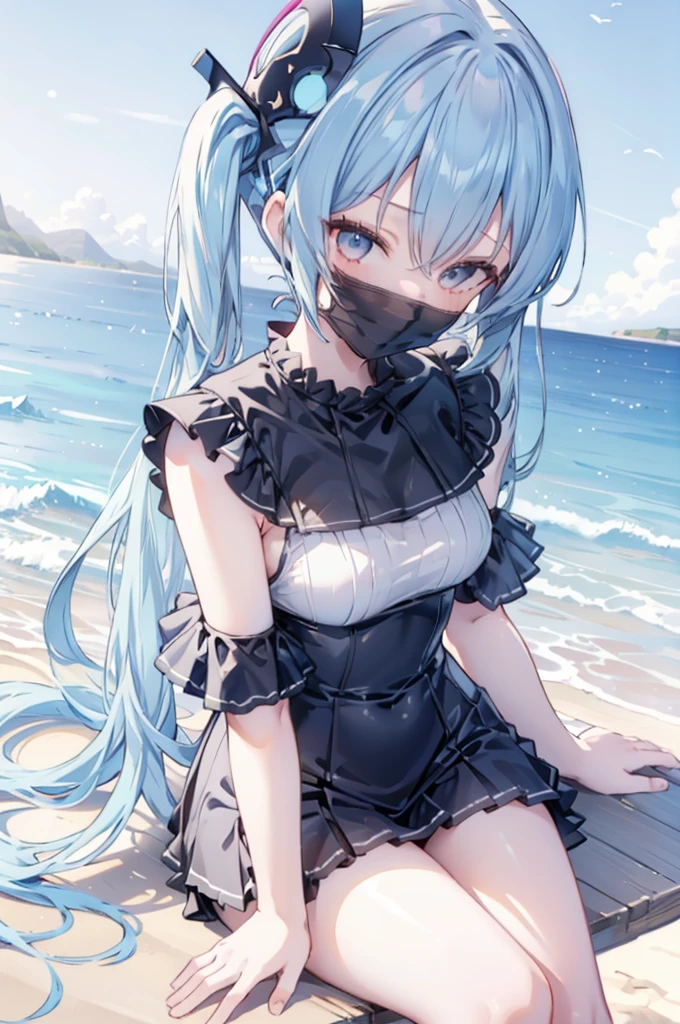 upper body, 1girl, wallpaper, light particles, beach, background, look at viewer, light blue hair, long hair, twintails, white eyes, swim suit, (black mask), Sitting down umdrella with her friend