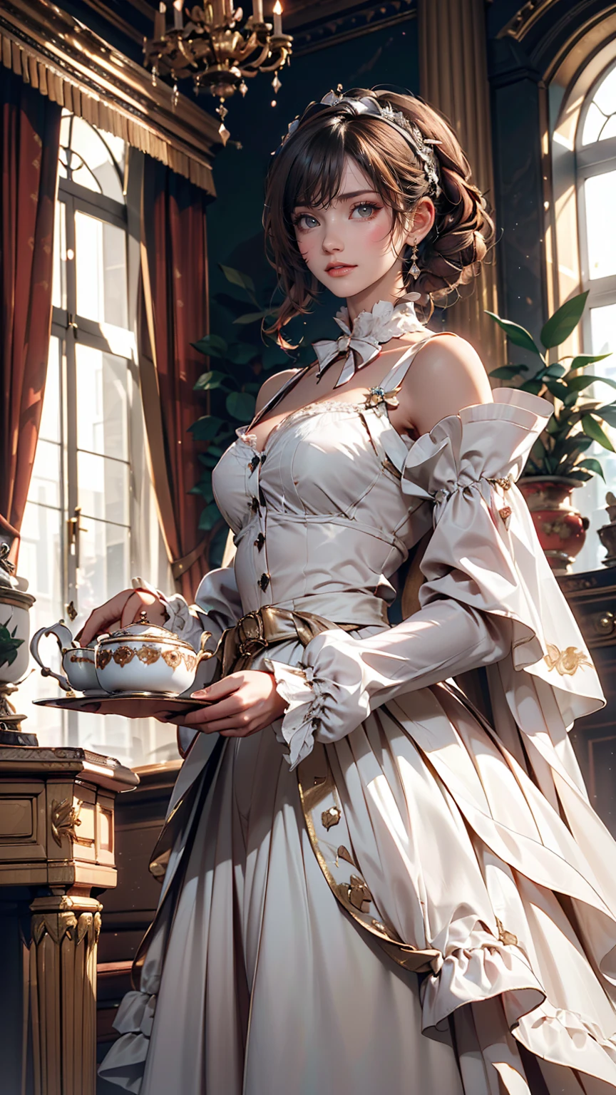 ((最high quality, 8K, masterpiece: 1.3, Ultra HD, high quality, 最high quality, High resolution, realism)) 、Marie Antoinette、Inside the Palace of Versailles in France、Enjoy tea time in a luxurious room