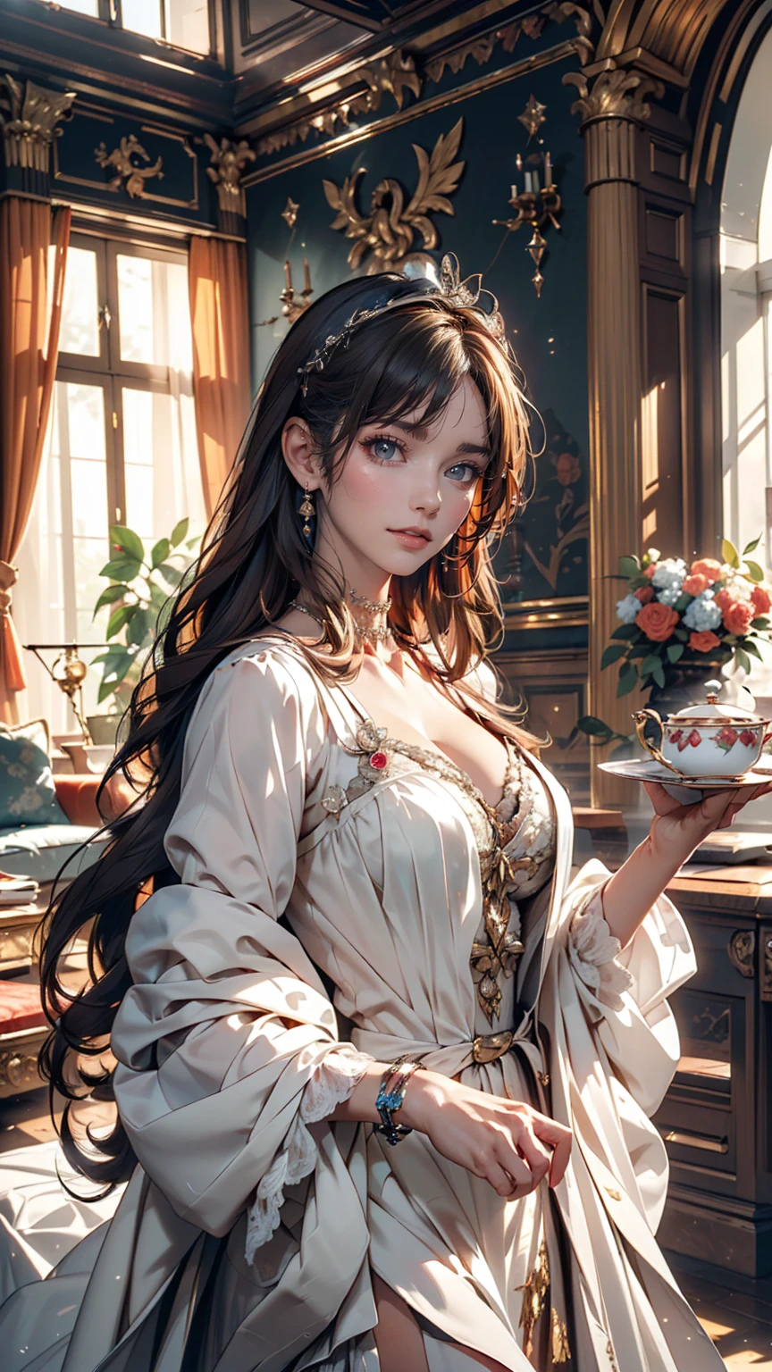 ((最high quality, 8K, masterpiece: 1.3, Ultra HD, high quality, 最high quality, High resolution, realism)) 、Marie Antoinette、Inside the Palace of Versailles in France、Enjoy tea time in a luxurious room
