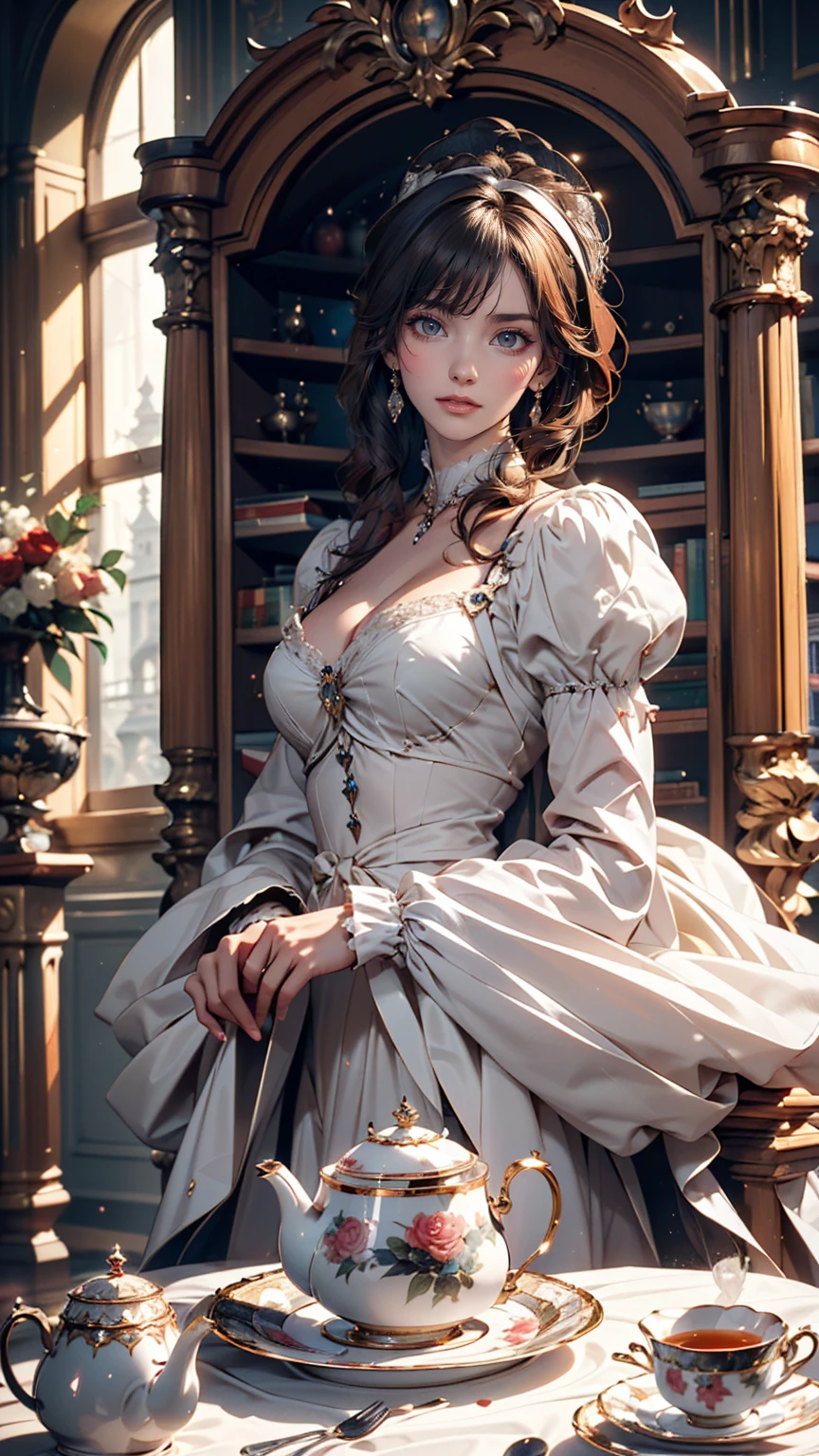 Classical 19th century portrait of a woman。A woman in a Victorian dress is sitting elegantly。The background is a luxurious room with a shining chandelier。The soft light gently illuminates the woman's face、24-year-old woman、Sexy proportionature female body、Sexy proportionakeup、Lips with red lipstick、Textured skin((textured skin))、smile、Narrow waist
