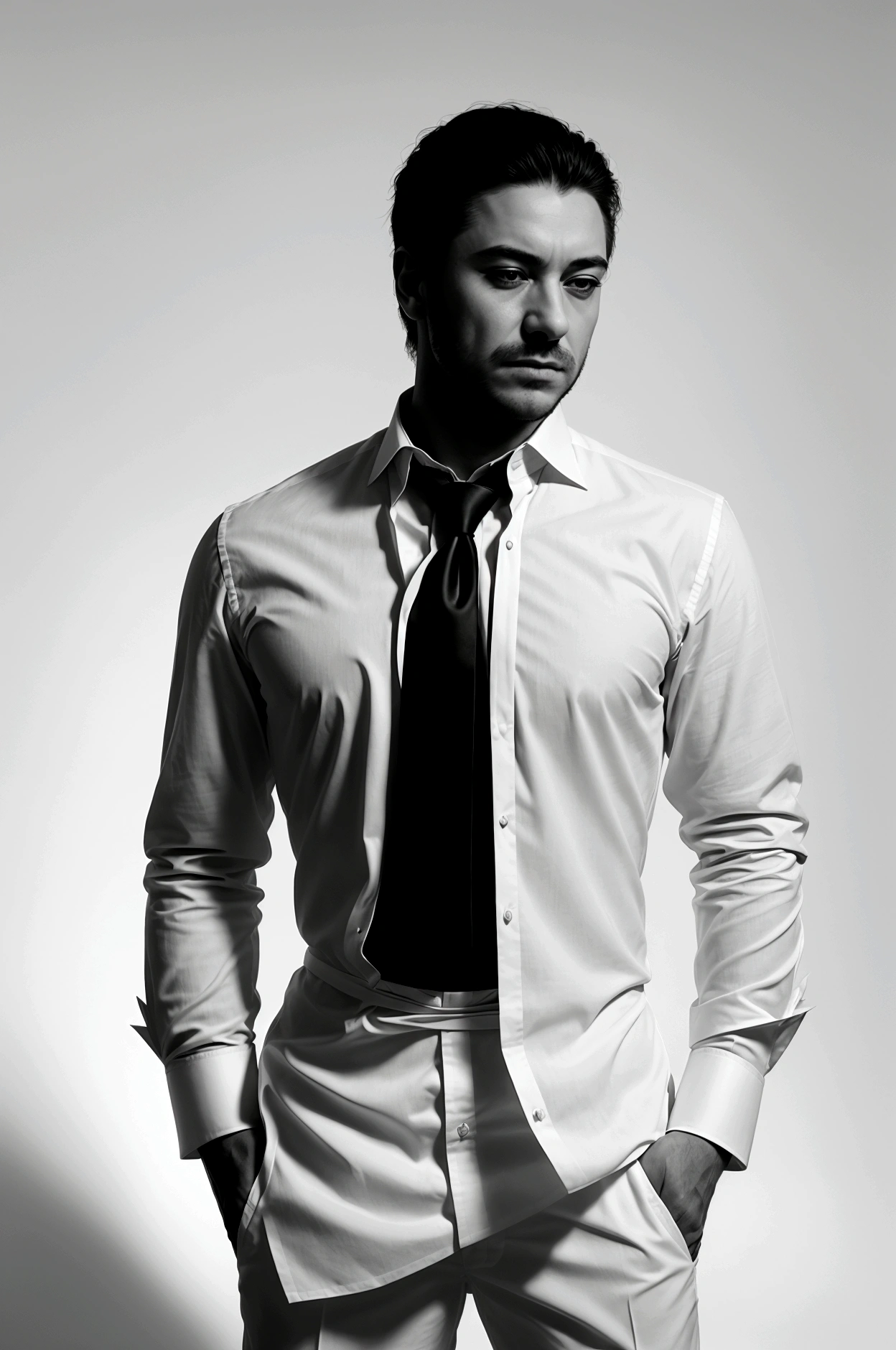 "A high-key portrait of a man in a crisp white dress shirt with exaggerated cuffs, his silhouette barely visible against a bright background. Stark black typography reading 'CONTRAST' cuts across the image diagonally. The composition emphasizes negative space and clean lines."
