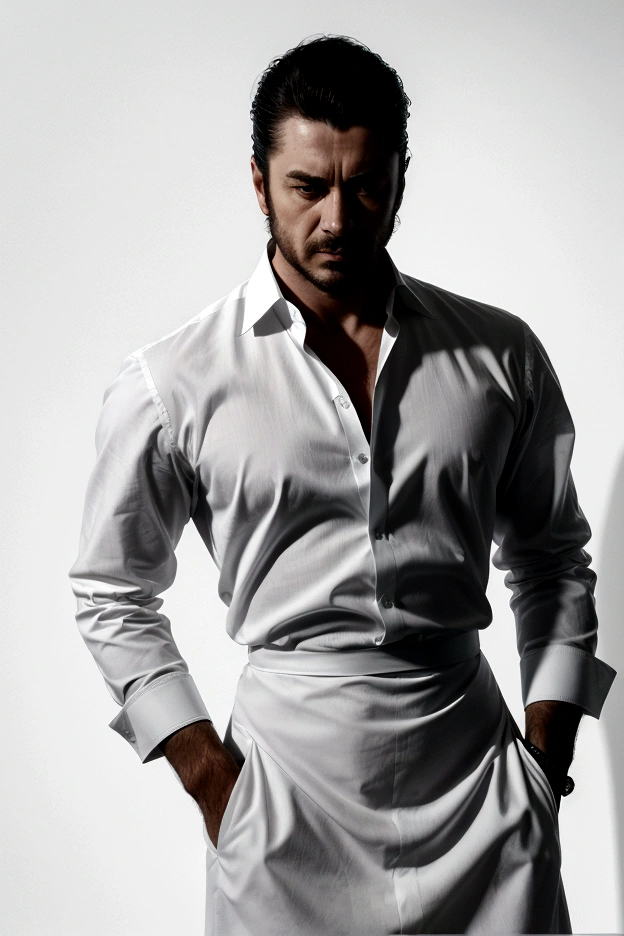 "A high-key portrait of a man in a crisp white dress shirt with exaggerated cuffs, his silhouette barely visible against a bright background. Stark black typography reading 'CONTRAST' cuts across the image diagonally. The composition emphasizes negative space and clean lines."