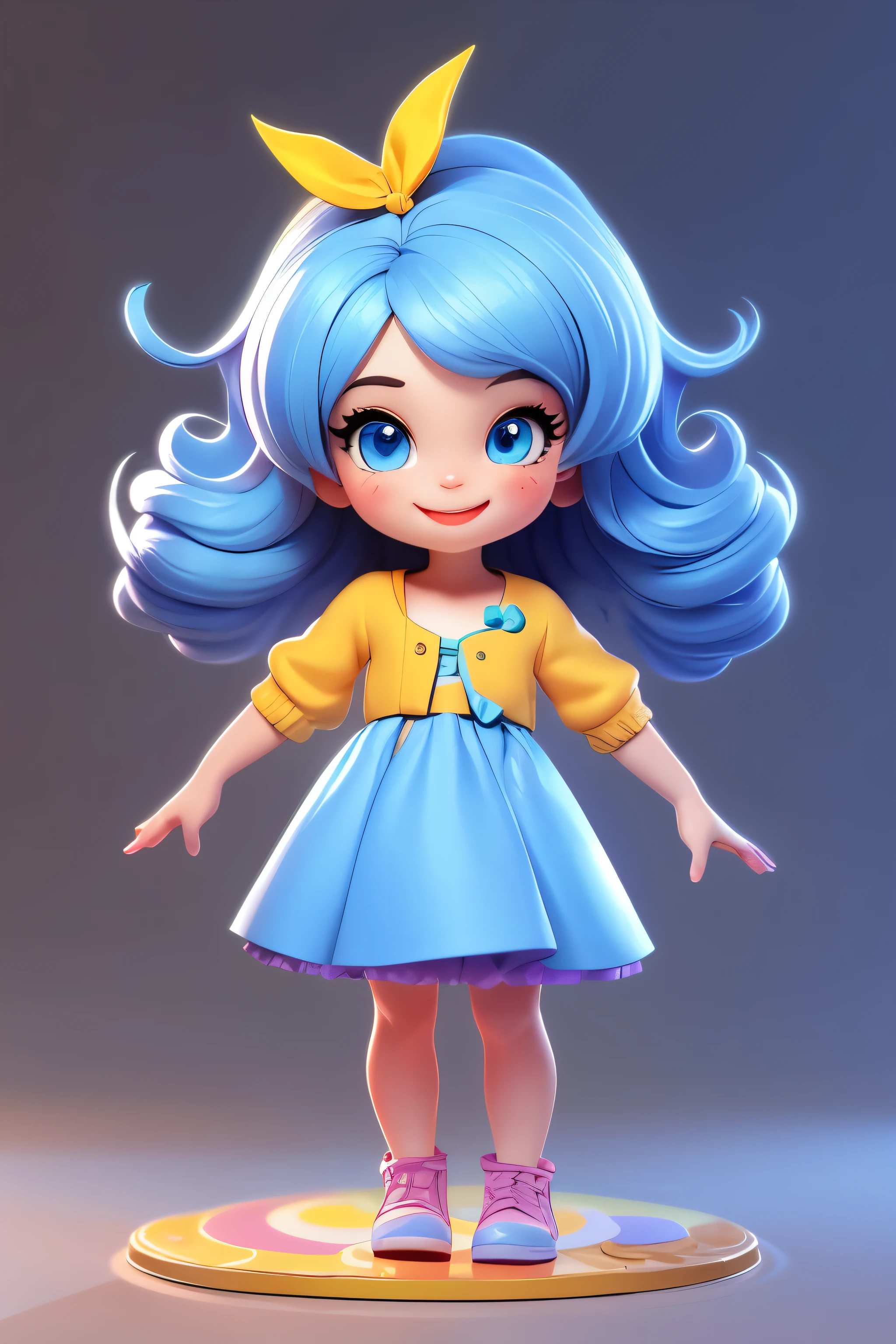 Little pretty girl, rainbow hair, blind box, big blue eyes, clean background, IP, Cartoon, 3d modeling, super advanced rendering, Maximum image quality, SMILE