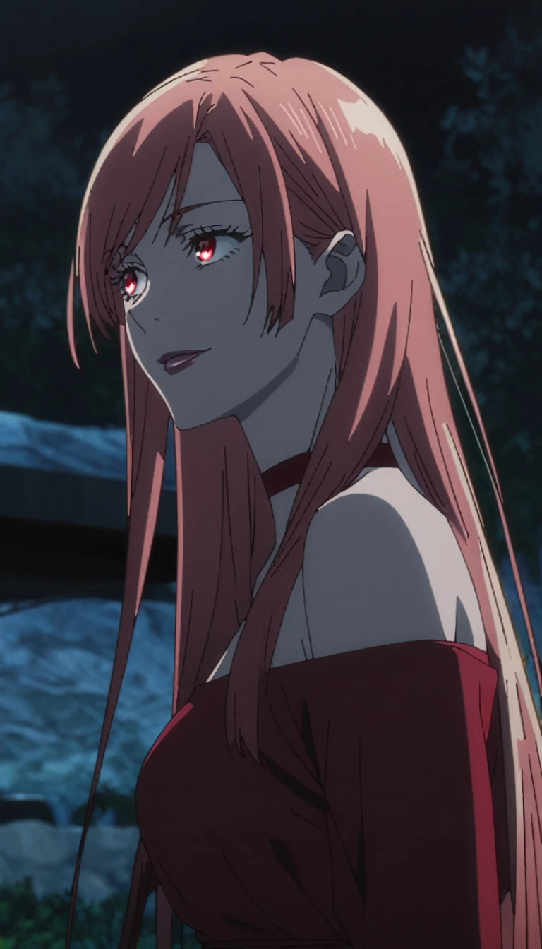 1girl, female gojo satoru, anime screencap from jujutsu kaisen, gojo satoru female version, solo, very long straight red_hair, ((smooth texture hair)) Red eyes ((very long red_hair)), night view, breasts, upper_body, smile, bangs, Red_eyes, lips, () (( very long straight hair, swept bangs)) wearing red dress, bare shoulder, red choker, breast, "very detailed and high resolution" (Red eyes) ((solo)) ((high resolution))  (Good quality)  
