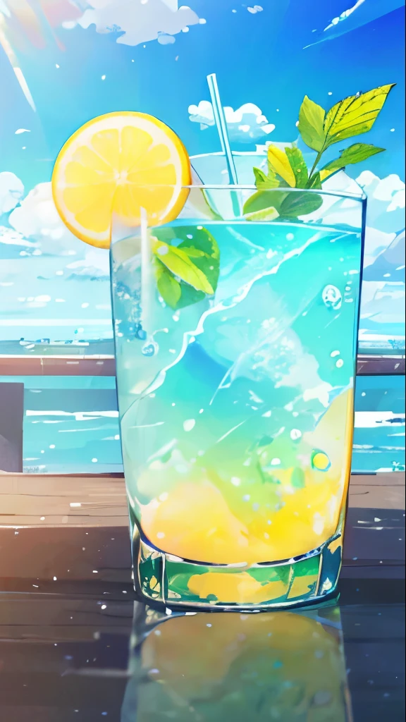 no one〜do not have, Lemon Mint Drink, Yellow to blue, nice, Color straws, ice cube, Green leaves, Outdoor, Clear blue sky, Beautiful Clouds