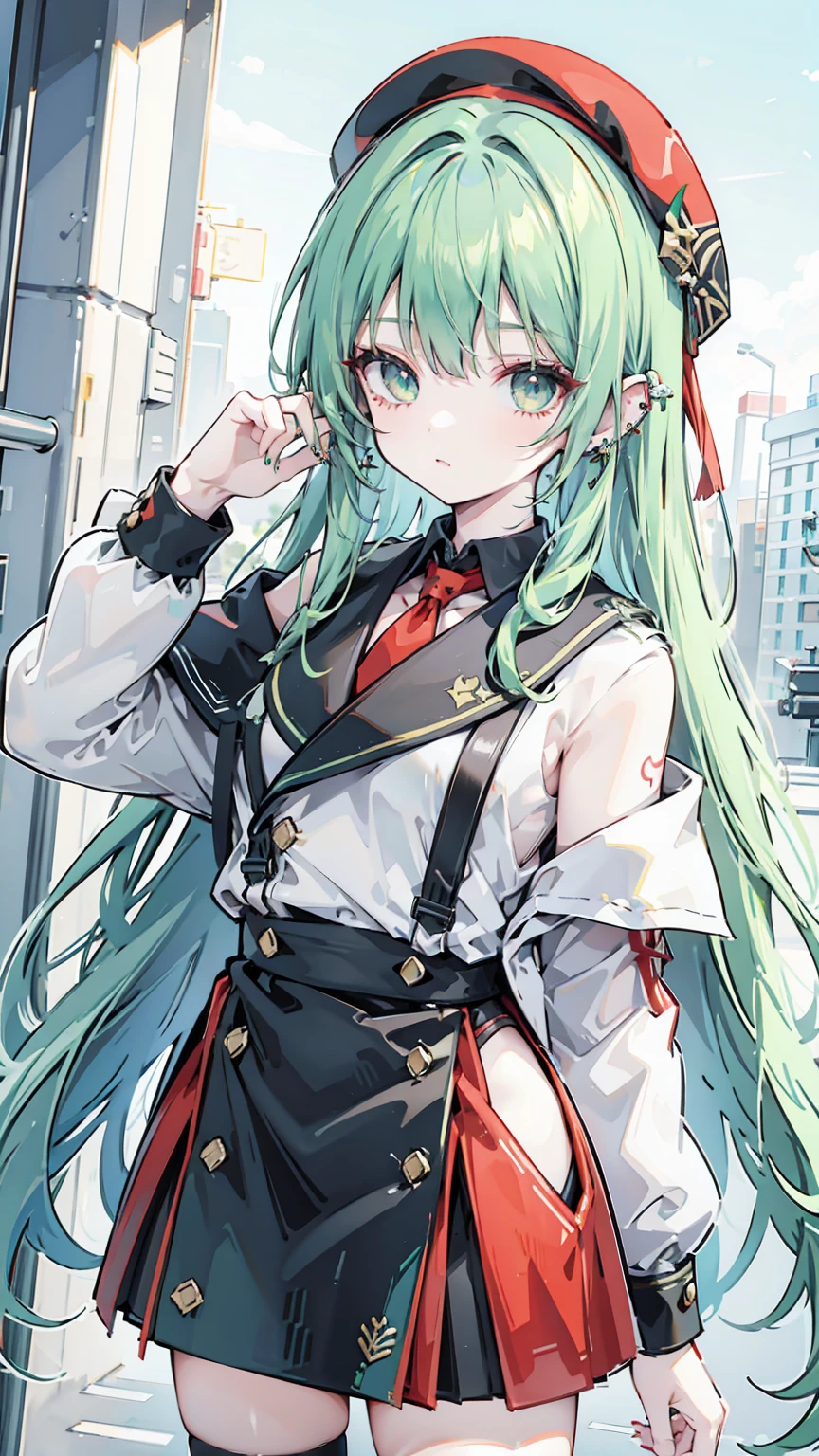 Green Hair,Eye color: Red,Black mesh on the right side of the hair,Illustrator,beret,Piercings in both ears