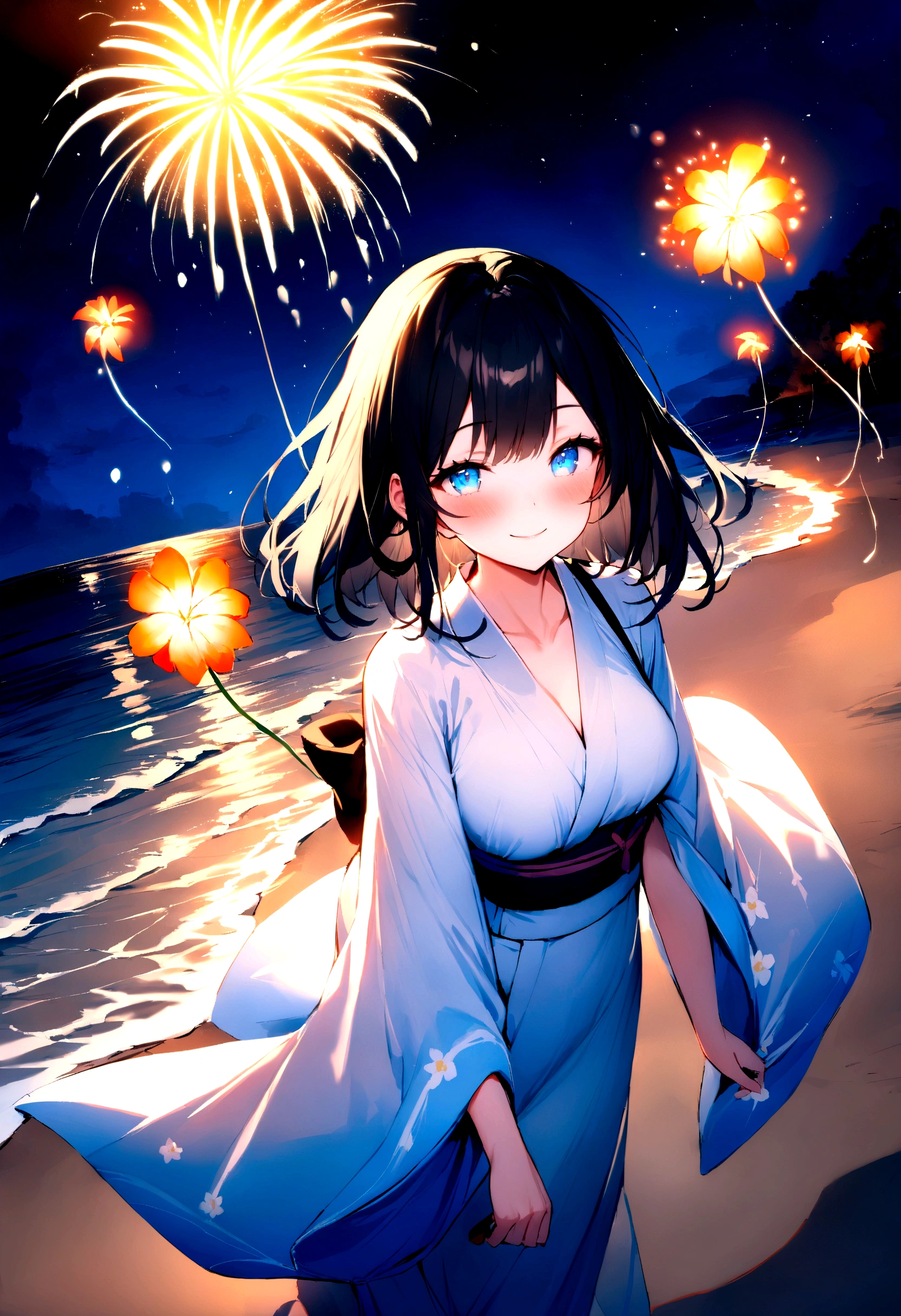 masterpiece, best quality, Summer Kimono,Light-colored kimono，White-headed flower，Blue Eyes，firework, firefly，Beach, Smile, Night Sky, Black hair，((Walk by the sea))，blush