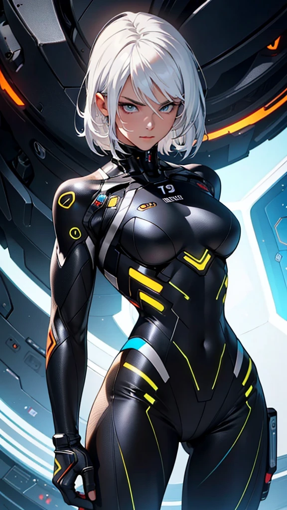 Beautiful girl in black  detailed muscles realistic masterpieces full figure pose (best quality,ultra-detailed), white-haired girl, vibrant blue eyes, high ponytail, fair skin, fit body, slim figure, narrow waist, large buttocks, (confident expression), black  with tights, space between thighs, confident