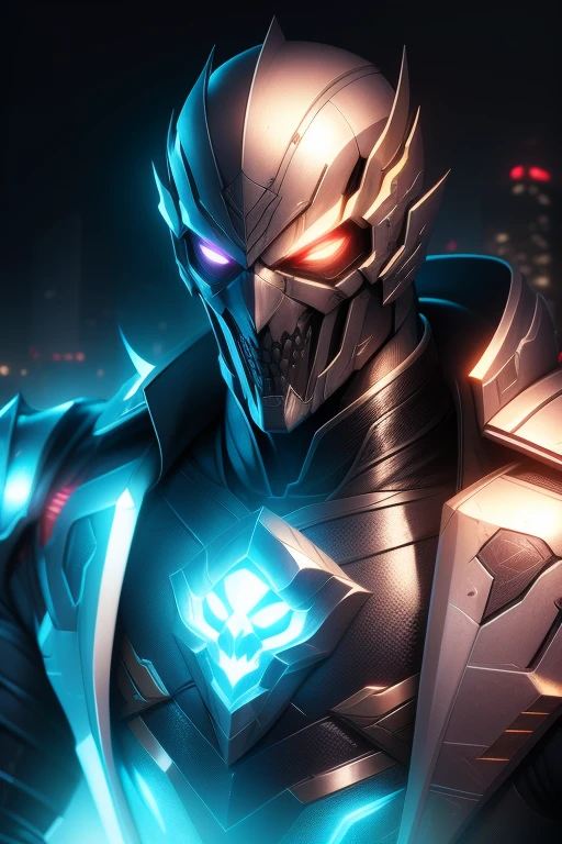 a male assassin in cyberpunk light armor, anti-hero overlord wearing a skull mask, detailed facial features, highly detailed, cinematic lighting, dramatic pose, gritty urban environment, neon lights, moody color palette, hyper realistic, 8k, photorealistic