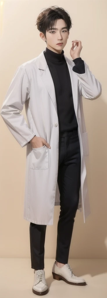 (Fair skin),(know),Iris,(gender: Natural Face),(Japanese),(leather shoes),long body,handsome young asian man, Japanese idol style, short clean-cut hair, ((center part)), white lab coat, black hoodie underneath, calm confident expression, hands in lab coat pockets, plain white background, portrait, high quality, detailed, 8K