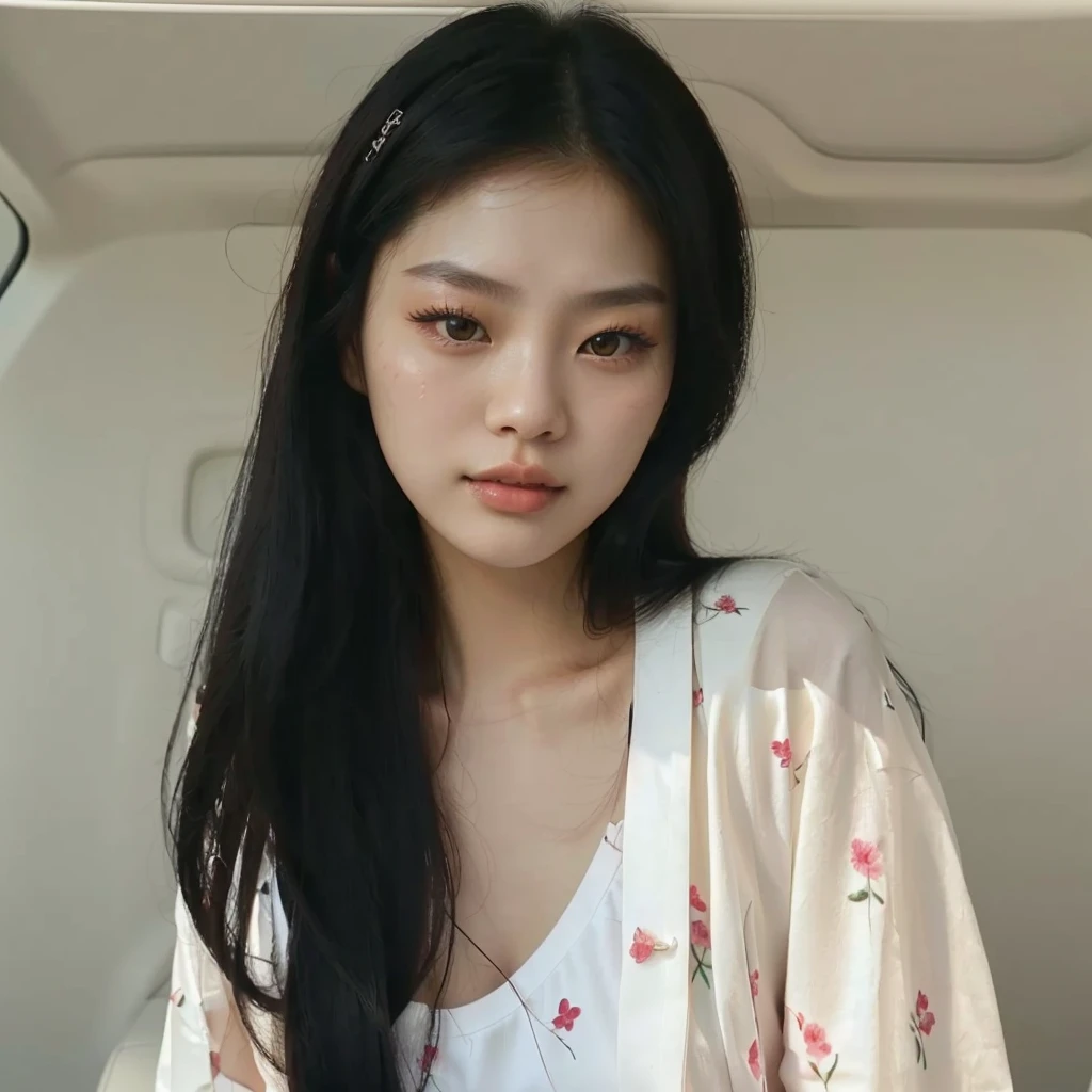 Close-up of a woman with long black hair in a car, beautiful south korean woman, cruel korean goth girl Jennie from blackpink, korean girl, gorgeous young korean woman, ulzzang, beautiful young korean woman, beautiful asian girl, korean woman, Xision Wu,Jennie from blackpink asian guy, dilraba dilmurat, 18 years, Perfect face ), Korean face features