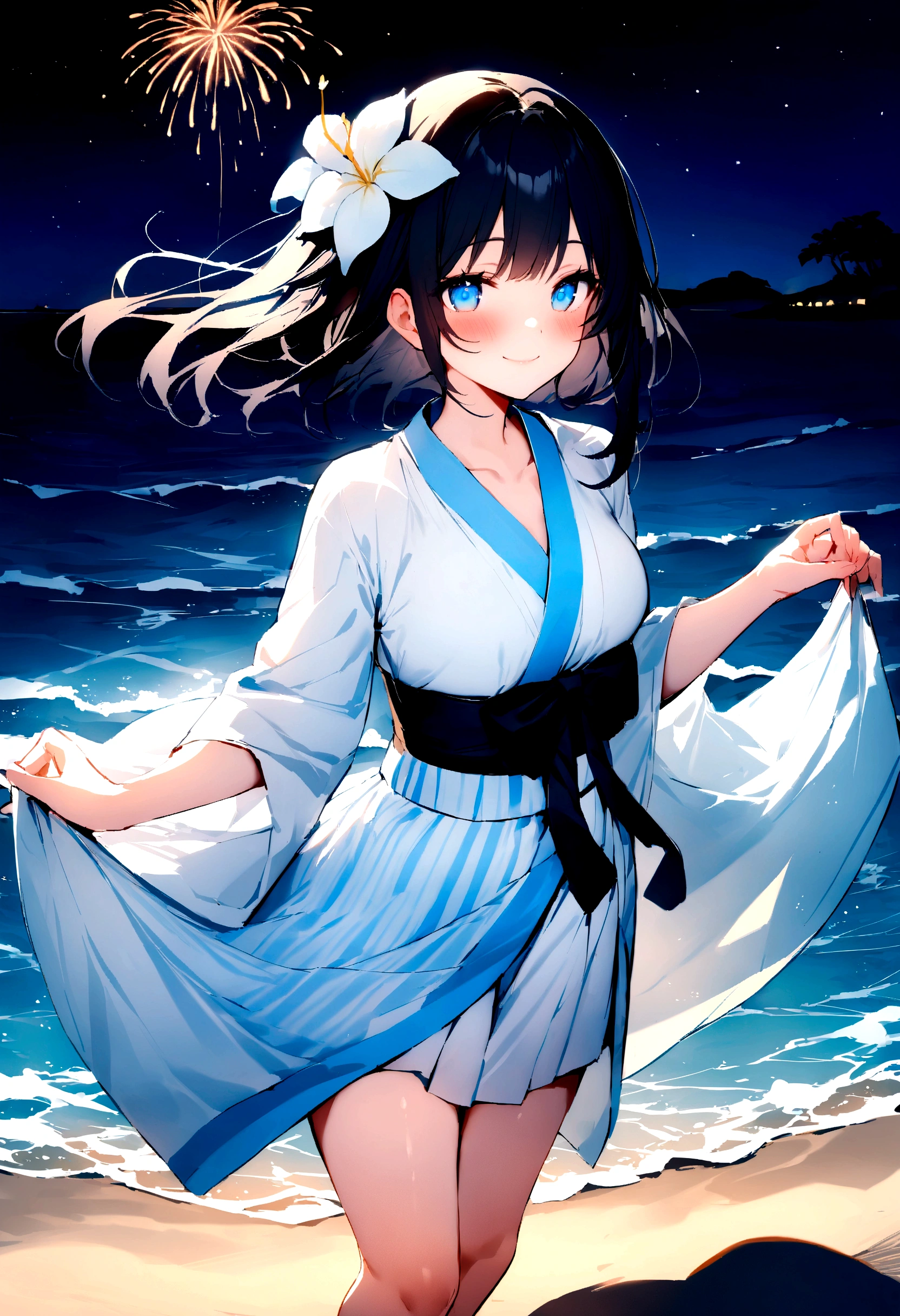 masterpiece, best quality, Summer Kimono,Light-colored kimono,White-headed flower,Blue Eyes,firework, firefly,Beach, Smile, Night Sky, Black hair,((Walk by the sea)),blush