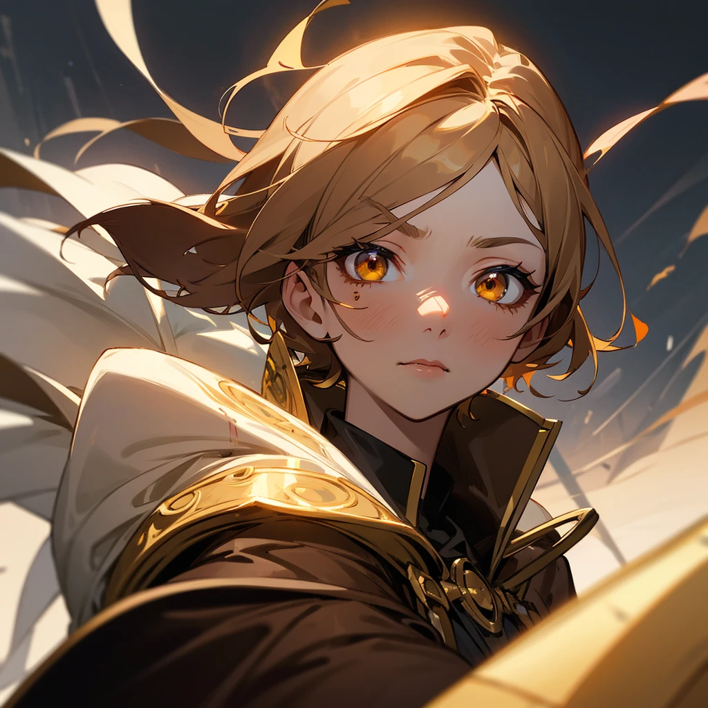 beautiful woman, cute and beautiful face, perfect anatomy, short light brown hair, golden eyes, wearing an adventurer's outfit, with blood on her face, one of her eyes bleeding and her body badly injured, looking with hatred at a person while wearing a rapier, anime style.