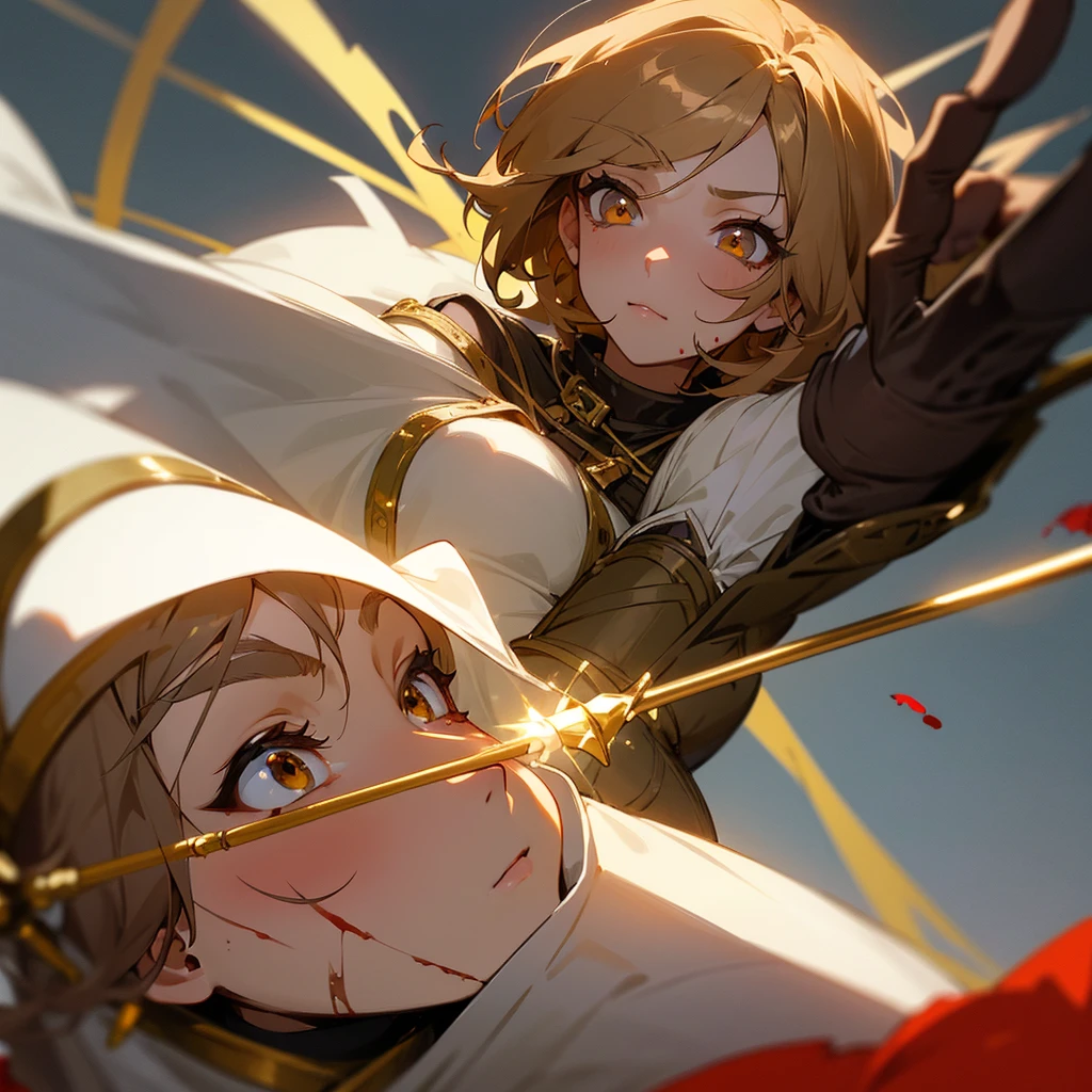 beautiful woman, cute and beautiful face, perfect anatomy, short light brown hair, golden eyes, wearing an adventurer's outfit, with blood on her face, one of her eyes bleeding and her body badly injured, looking with hatred at a person while wearing a rapier, anime style.