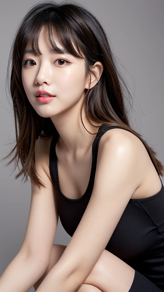 vivid,Normal chest,(between legs),cute,(Detailed face),White sleeveless turtleneck dress,Ultra-high resolution,(Photorealistic:1.7),Black long hair,Gray background,sporty,