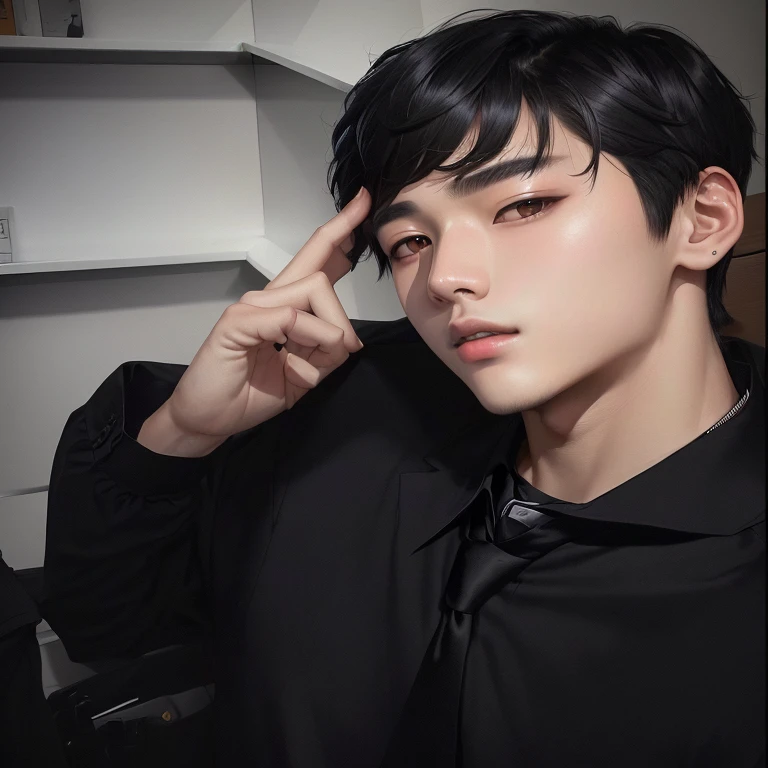 there is a young man in a black shirt and tie posing for a photo, wicked ulzzang, 1 7 - year - old thin face boy, handsome japanese demon boy, thin face boy, The boy has short black hair., with short hair, perfect face and boy, jinyoung shin, jungkook, ulzzang, 