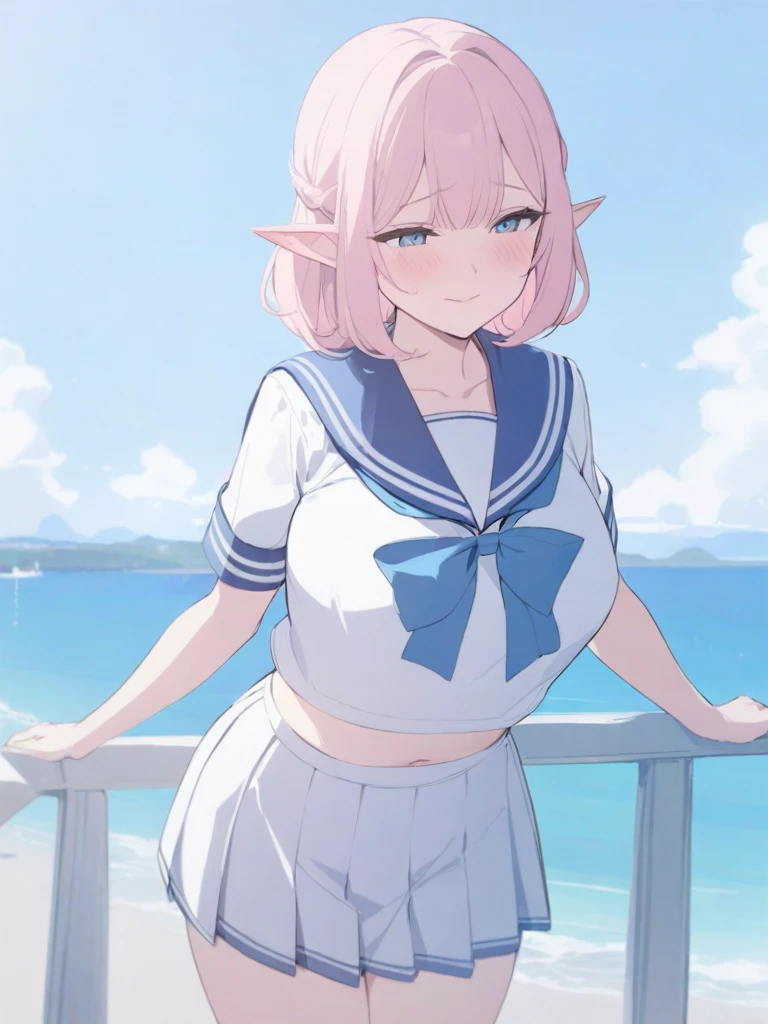 masterpiece, best quality, high quality, beautiful anime character, solo, anime girl with pink hair, soft hair, medium length hair, blue eyes, elf ears, big breasts, mature female, tall female, big girl, thick, (shy face, blush, light smile, loving eyes), outdoors, (sailor uniform, ribbon, pleated skirt), beach background, standing, slim thick, short medium hair, navel, short sleeves,