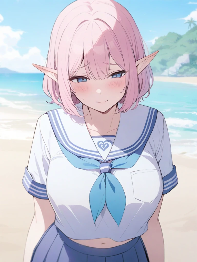 masterpiece, best quality, high quality, beautiful anime character, solo, anime girl with pink hair, soft hair, medium length hair, blue eyes, elf ears, big breasts, mature female, tall female, big girl, thick, (shy face, blush, light smile, loving eyes), outdoors, (sailor uniform, ribbon, pleated skirt), beach background, standing, slim thick, short medium hair, navel, short sleeves, 