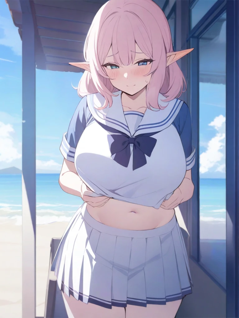 masterpiece, best quality, high quality, beautiful anime character, solo, anime girl with pink hair, soft hair, medium length hair, blue eyes, elf ears, big breasts, mature female, tall female, big girl, thick, (shy face, blush, light smile, loving eyes), outdoors, (sailor uniform, ribbon, pleated skirt), beach background, standing, slim thick, short medium hair, navel, short sleeves, 