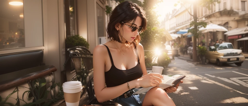 A woman sitting on a bench reading a book and drinking coffee, 30 year old French woman, She is wearing a black tank top, Wearing a black cropped tank top, sitting in a cafe, Wearing a cropped black tank top, 黒のWearing a camisole, French girl, Wearing a camisole, Irina French, sitting in a cafe alone