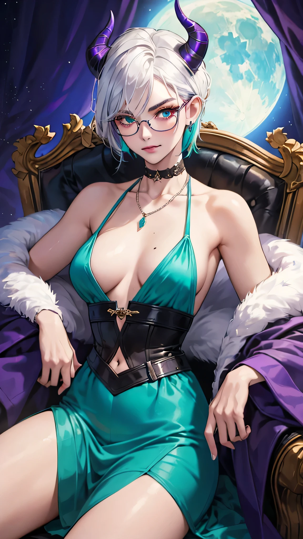 8k, masterpiece, best quality, highly detailed, 1 girl, tiefling, warlock, multicolored hair, very short straight hair green highlight hair on white hair, strippled hair, wearing glasses, round glasses, earrings, red eyeshadow, long eyelashes,navel piercing, blushed cheek, necklace, collarbone, mole, glamorous, purple and teal clothing, villainy, smirk, seductive face, close up view, rings, looking at viewer, demon horns, solo, royal dress, fur coat, palace, blue pale moon, sitting on throne
