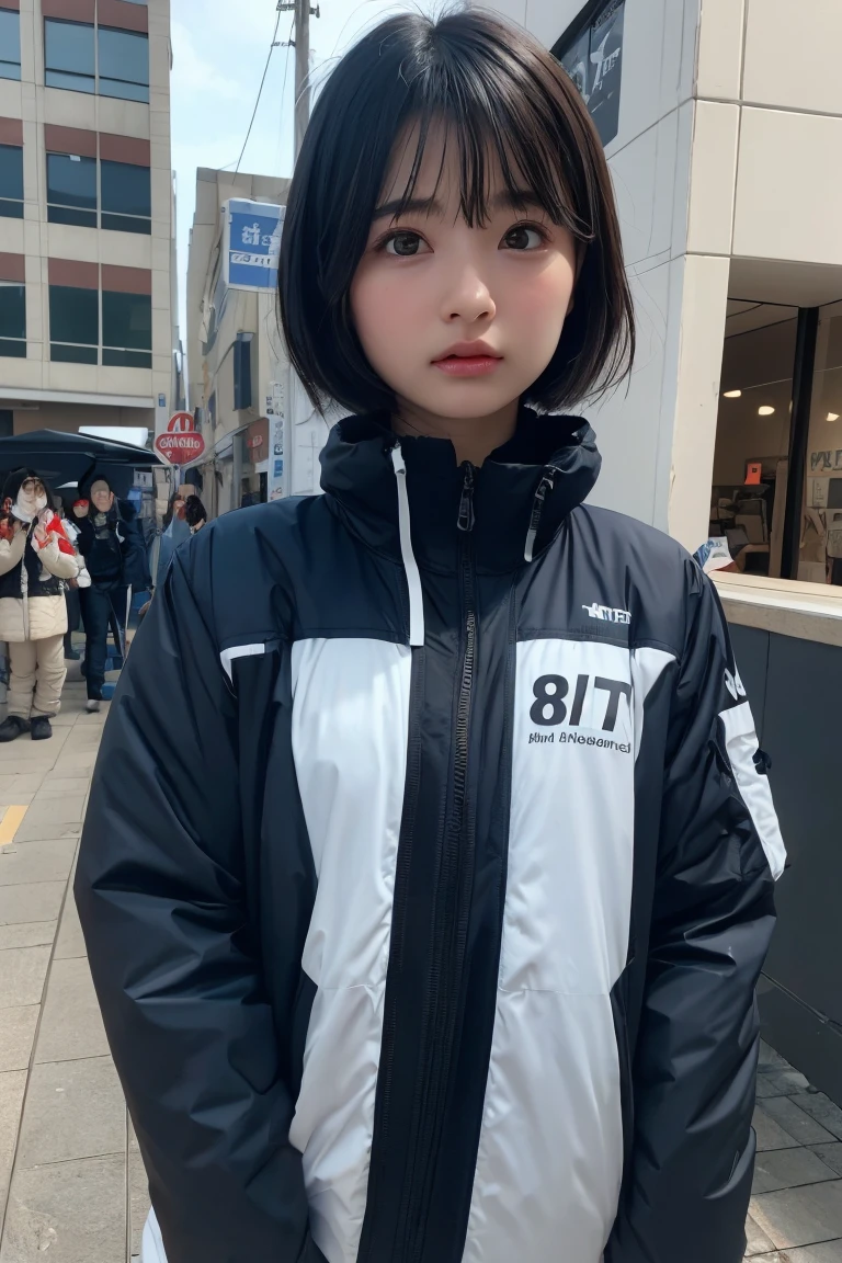 single, Blowing in the wind for a long time [Blue-black:.3] hair,View your viewers, (masterpiece:1.3), (8k, Realistic, RAW Photos, Highest quality: 1.4), Japanese, (One Girl), Beautiful Face, (Realistic Face), (black hair, short hair:1.3), beautiful hairstyle, Realistic eyes, Beautiful attention to detail, (Realistic Skin), Beautiful Skin, charm, Ultra-high resolution, Ultra-realistic, Very detailed, Ski Team - Insulated Ski Suits and Goggles,Baby Face,Small eyes,Baby Face,Thin eyebrows
