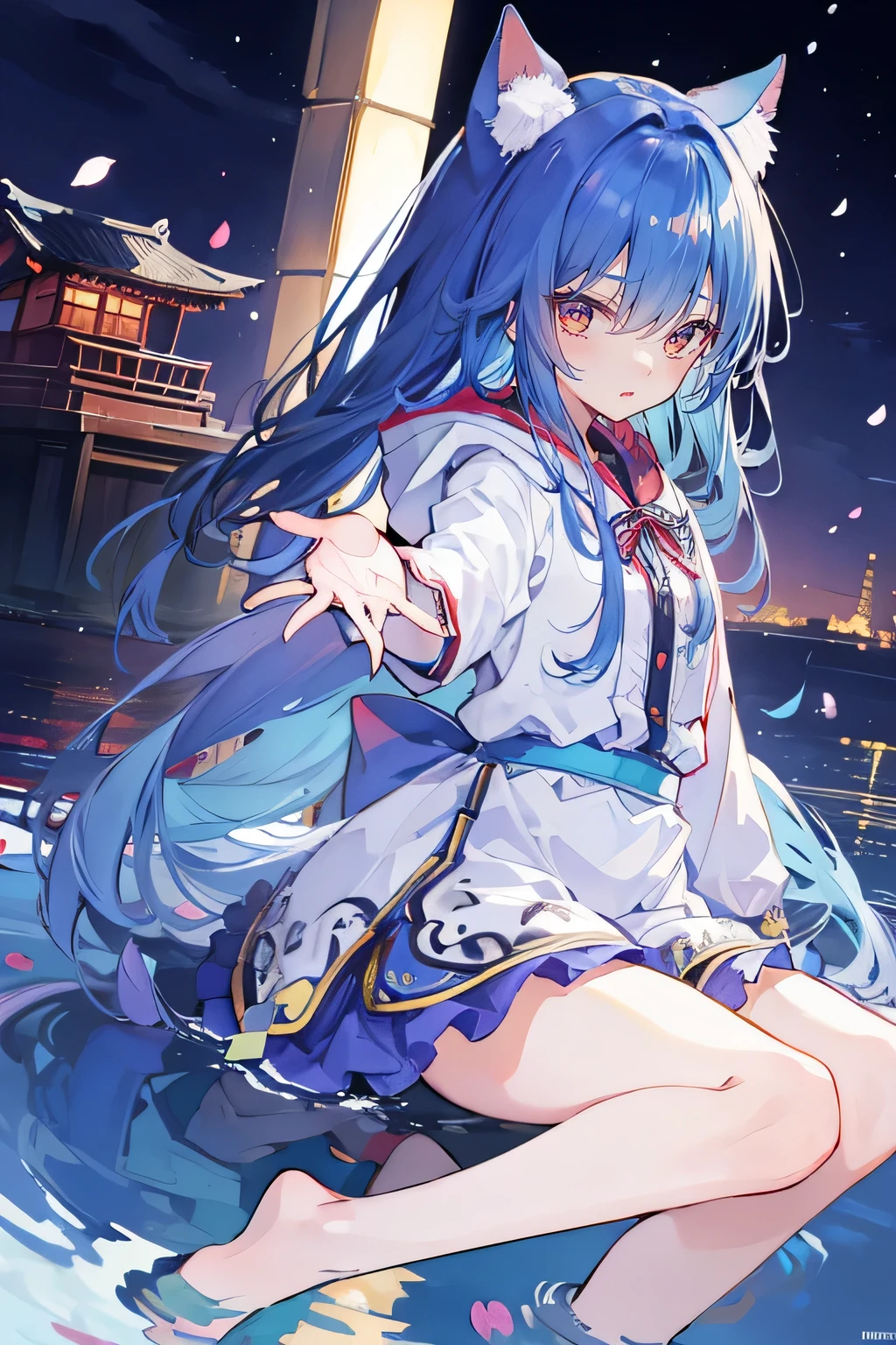 （masterpiece：1.2），Super detailed，lifelike，Expressive eyes，fair skin，perfect face shape，1 girl，
Japanese comics,Gorgeous blue hair,flowing blue hair,flowing clothes,Cat ears,Petals fall,beautiful lola,Baby Angel,
Shaking head with one hand，Cross your legs，Gentle and peaceful background，The pavilion is cool and comfortable,smile, wearing hoodie, background of night tokyo,back views,snowing, winter,lie on the water. 