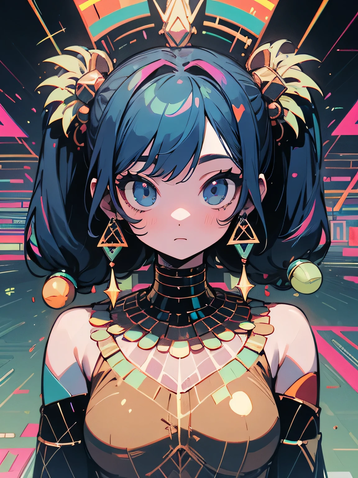 (looking at viewer:1.3),solo, 30years old,upperbody, deep rainbow twintail, Egyptian goddess, Psychedelic Pop, niji viewer, geometric design world, lost in, phosphorescent floor,