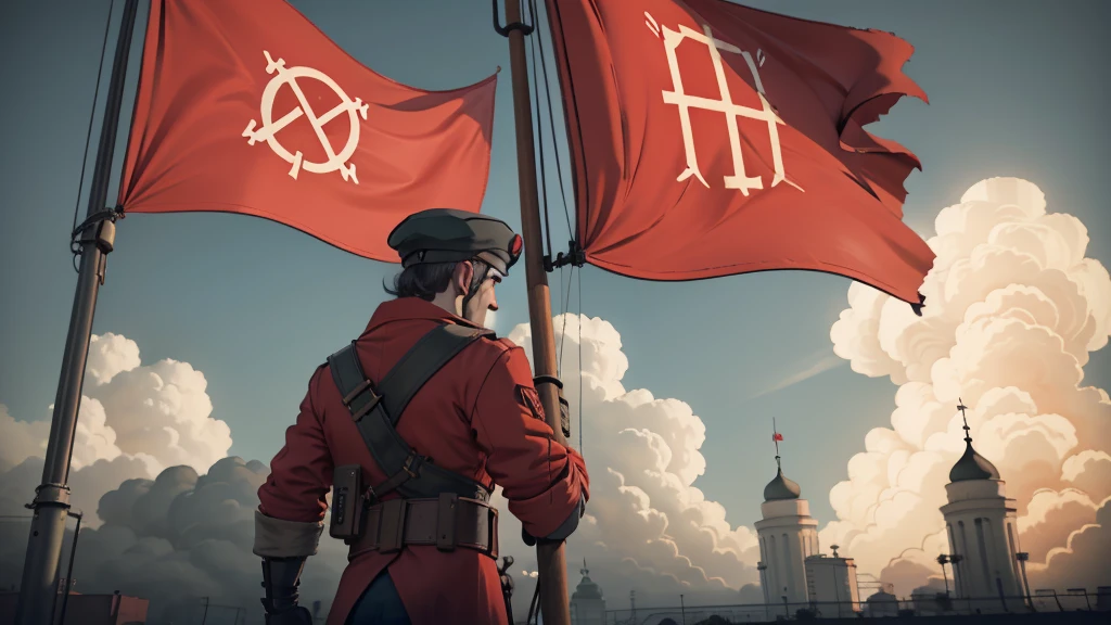 Colonel Sanders as a dictator. Red and White KFC flags in the background and all around. Dystopian image, soldiers standing at attention listening, war planes flying overhead