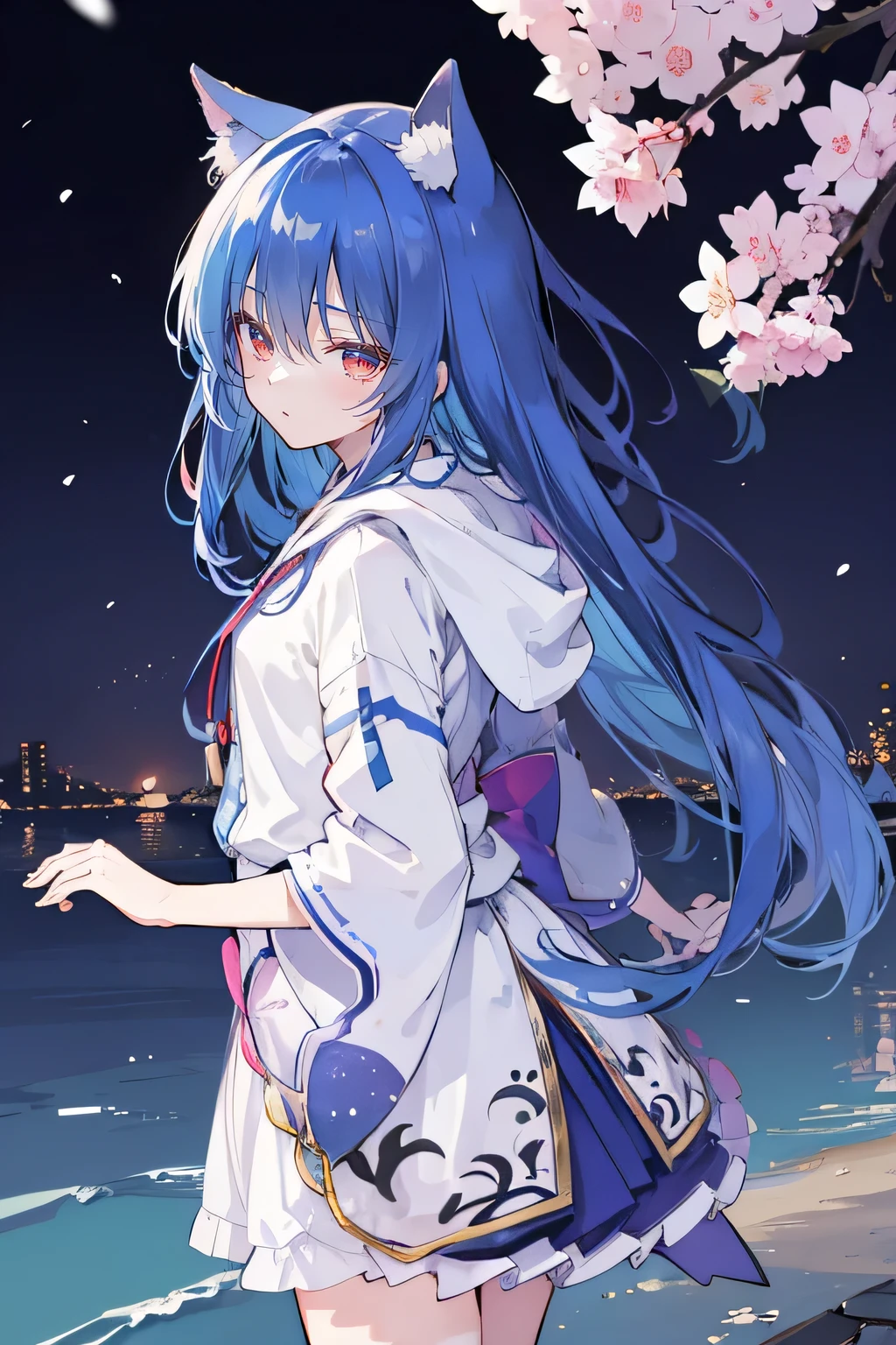 (masterpiece:1.2),Super detailed,lifelike,Expressive eyes,fair skin,perfect face shape,1 girl,
Japanese comics,Gorgeous blue hair,flowing blue hair,flowing clothes,Cat ears,Petals fall,beautiful lola,Baby Angel,
Shaking head with one hand,Cross your legs,Gentle and peaceful background,The pavilion is cool and comfortable,smile, wearing hoodie, background of night tokyo,back views,snowing, winter,lie on the water.