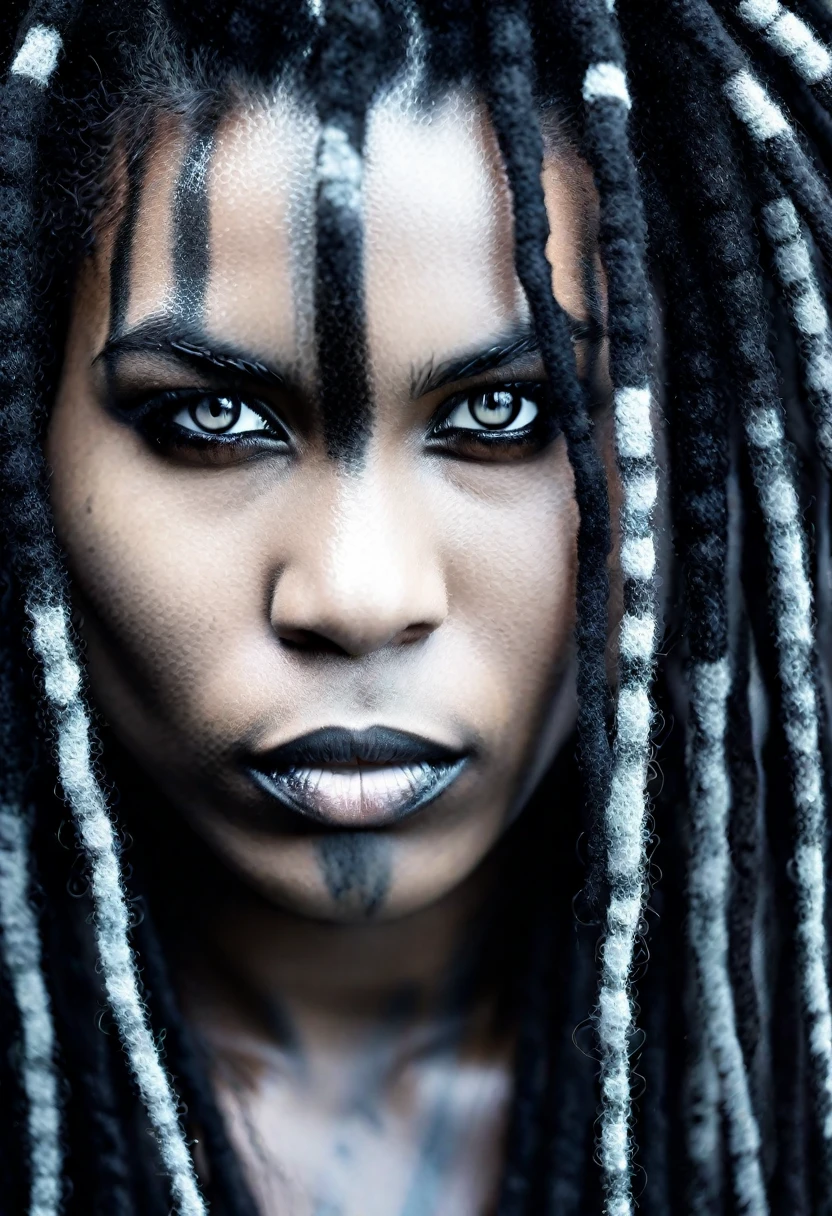 medium shot of a woman with well-detailed black dreadlocks, skin with fight marks, dilated oulila eyes, shiny gray, textured skin, old mascara,