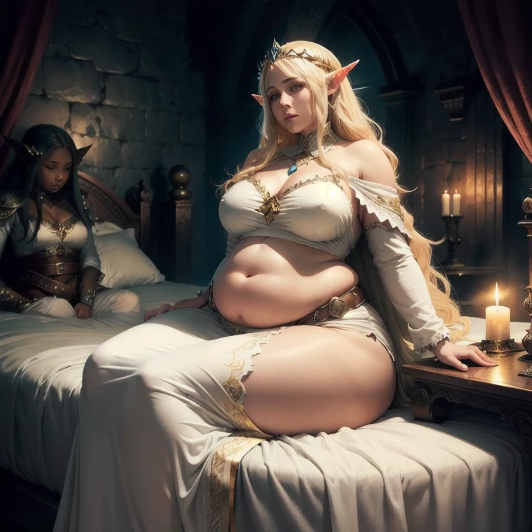 (Best quality), (high resolution), (detailed), (dark fantasy), (fantasy atmosphere), 1woman, elf princess, long white dress, long blonde locs, slightly chubby belly, thicc thighs, shy, sitting on bed, tired, beautiful royal