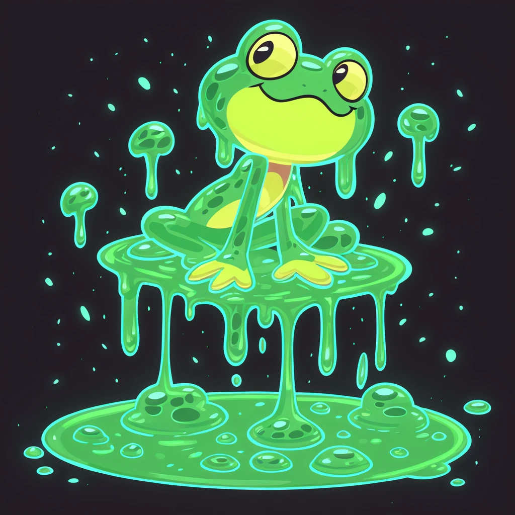 frog covered in spores and dripping with slime in dark toon art style