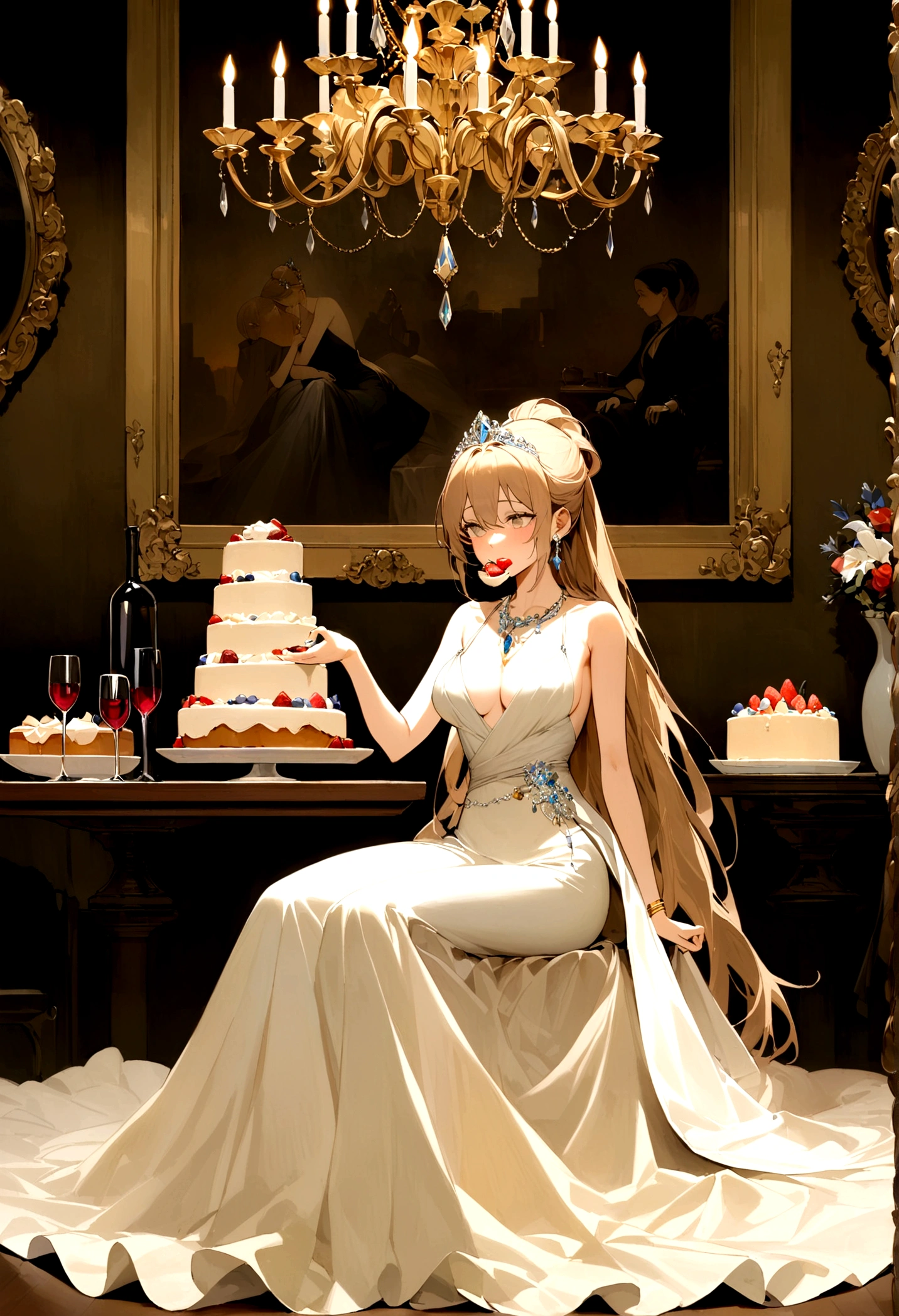 A woman sits at a grand long table with an elegant tablecloth, adorned with porcelain plates and silver cutlery. On the table are various types of beautifully decorated cakes, as well as crystal glasses filled with wine or champagne.The woman is wearing a sparkling evening gown, adorned with diamonds, gold, and gems. Her dress has a long train flowing on the floor. She is wearing a large diamond necklace, gold bracelets, and striking earrings. Her hair is neatly styled in an updo, adorned with a small tiara.With an expression of pure enjoyment, the woman is eating the cake with gusto, holding a large piece of cake in one hand and a spoon or fork in the other. A few cake crumbs are visible around her mouth, emphasizing how much she is enjoying her food.The background is a luxurious room with wood-paneled walls, classic paintings, and a crystal chandelier, adding to the sense of opulence. Additional details such as a stack of gift boxes wrapped with golden ribbons, a vase of fresh flowers, and an Angora cat sitting near her feet complete the picture.