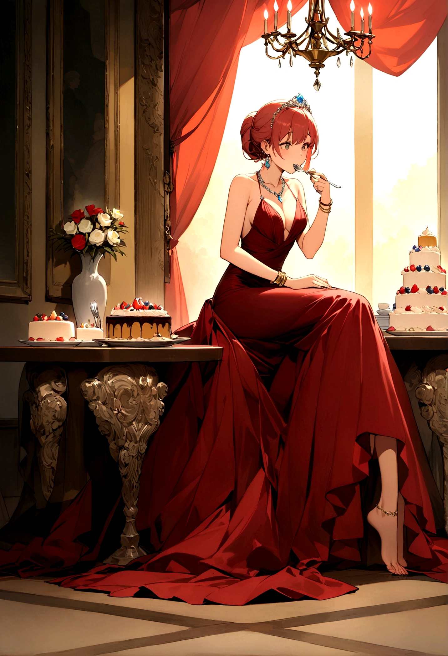 A woman sits at a grand long table with an elegant tablecloth, adorned with porcelain plates and silver cutlery. On the table are various types of beautifully decorated cakes, as well as crystal glasses filled with wine or champagne.The woman is wearing a sparkling evening gown, adorned with diamonds, gold, and gems. Her dress has a long train flowing on the floor. She is wearing a large diamond necklace, gold bracelets, and striking earrings. Her hair is neatly styled in an updo, adorned with a small tiara.With an expression of pure enjoyment, the woman is eating the cake with gusto, holding a large piece of cake in one hand and a spoon or fork in the other. A few cake crumbs are visible around her mouth, emphasizing how much she is enjoying her food.The background is a luxurious room with wood-paneled walls, classic paintings, and a crystal chandelier, adding to the sense of opulence. Additional details such as a stack of gift boxes wrapped with golden ribbons, a vase of fresh flowers, and an Angora cat sitting near her feet complete the picture.