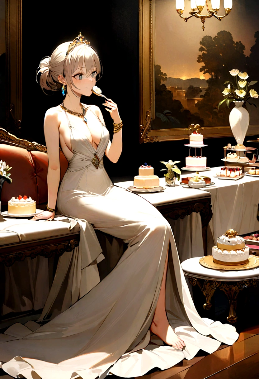 A woman sits at a grand long table with an elegant tablecloth, adorned with porcelain plates and silver cutlery. On the table are various types of beautifully decorated cakes, as well as crystal glasses filled with wine or champagne.The woman is wearing a sparkling evening gown, adorned with diamonds, gold, and gems. Her dress has a long train flowing on the floor. She is wearing a large diamond necklace, gold bracelets, and striking earrings. Her hair is neatly styled in an updo, adorned with a small tiara.With an expression of pure enjoyment, the woman is eating the cake with gusto, holding a large piece of cake in one hand and a spoon or fork in the other. A few cake crumbs are visible around her mouth, emphasizing how much she is enjoying her food.The background is a luxurious room with wood-paneled walls, classic paintings, and a crystal chandelier, adding to the sense of opulence. Additional details such as a stack of gift boxes wrapped with golden ribbons, a vase of fresh flowers, and an Angora cat sitting near her feet complete the picture.