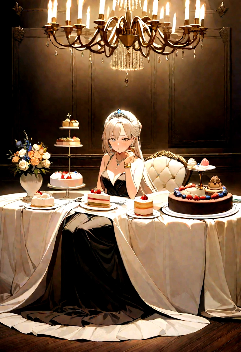 A woman sits at a grand long table with an elegant tablecloth, adorned with porcelain plates and silver cutlery. On the table are various types of beautifully decorated cakes, as well as crystal glasses filled with wine or champagne.The woman is wearing a sparkling evening gown, adorned with diamonds, gold, and gems. Her dress has a long train flowing on the floor. She is wearing a large diamond necklace, gold bracelets, and striking earrings. Her hair is neatly styled in an updo, adorned with a small tiara.With an expression of pure enjoyment, the woman is eating the cake with gusto, holding a large piece of cake in one hand and a spoon or fork in the other. A few cake crumbs are visible around her mouth, emphasizing how much she is enjoying her food.The background is a luxurious room with wood-paneled walls, classic paintings, and a crystal chandelier, adding to the sense of opulence. Additional details such as a stack of gift boxes wrapped with golden ribbons, a vase of fresh flowers, and an Angora cat sitting near her feet complete the picture.