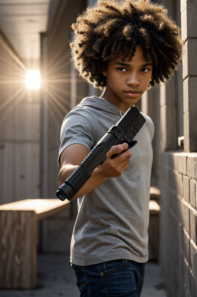 A light skin teen with curls is killing people with a knife and then someone points a glock 19 red dot beam exstened mag