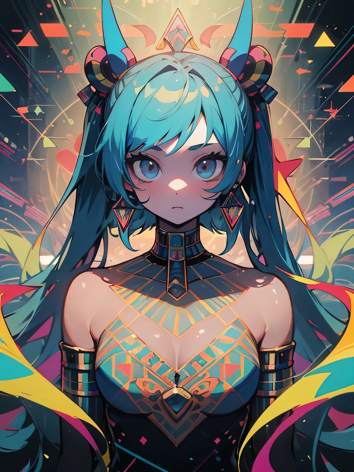 (looking at viewer:1.3),solo, 30years old,upperbody, deep rainbow twintail, Egyptian goddess, Psychedelic Pop, niji viewer, geometric design world, lost in, phosphorescent floor,